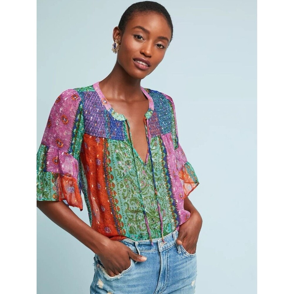 Akemi + Kin x Anthropologie Antonella Peasant Top Sz M Sheer Tiered Sleeve Boho